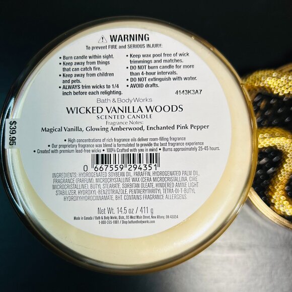 Bath & Body Works Wicked Vanilla Woods 3-Wick Candle With Decorative Snake Lid - Picture 5 of 5